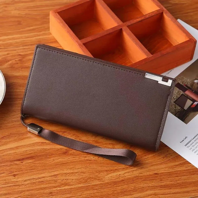 Men's Black Leather Tri Fold Wallet with Strap