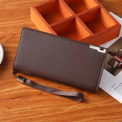Men's Black Leather Tri Fold Wallet with Strap