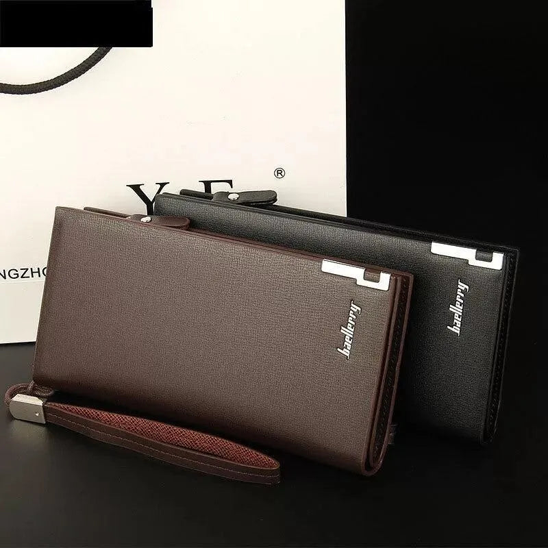 Men's Black Leather Tri Fold Wallet with Strap