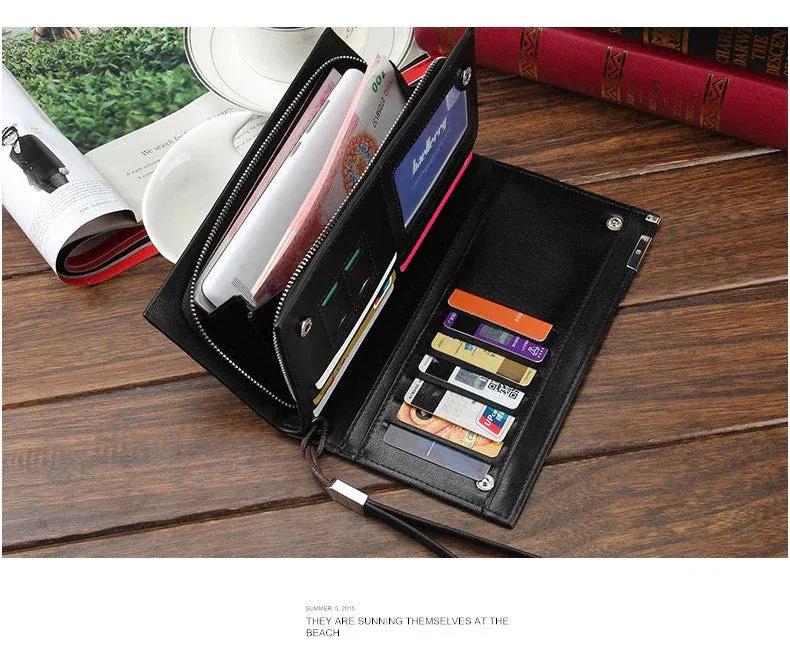 Men's Black Leather Tri Fold Wallet with Strap