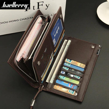 Men's Black Leather Tri Fold Wallet with Strap