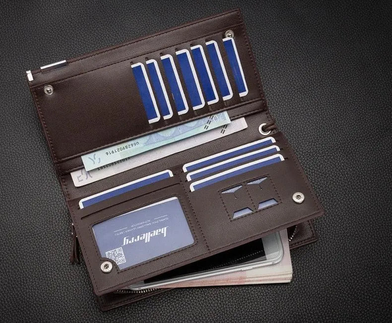 Men's Black Leather Tri Fold Wallet with Strap