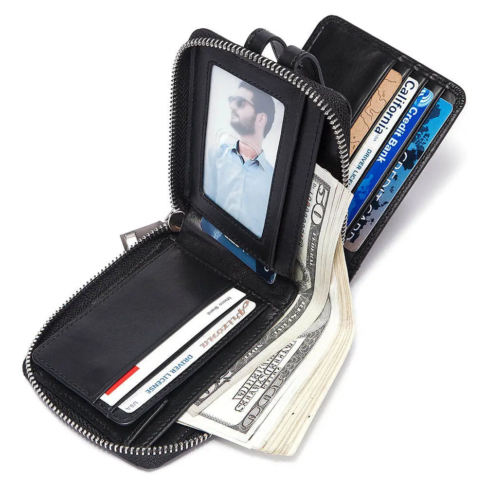 Men's Multi-Layer Folding Genuine Leather Wallet Stylish Card Holder Independent Cash Layer FangShui 10 Cards No Card Holder