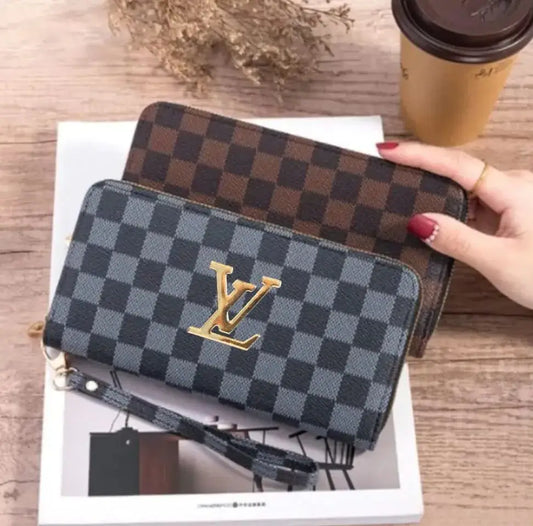 Luxury Checkered Zipper Wallet for Men & Women | Premium Leather Long Purse