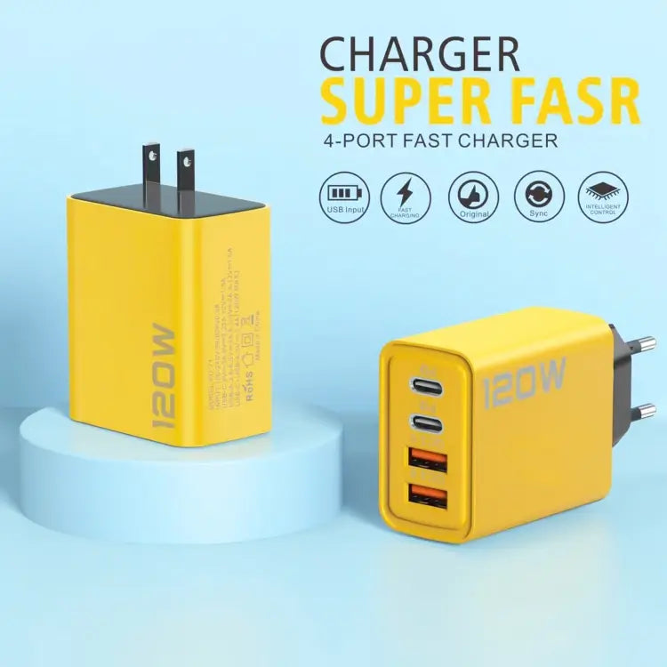 KO-71 120W Dual PD Type-C + Dual QC3.0 USB Multi Ports Charger, Plug:US Plug(Yellow)