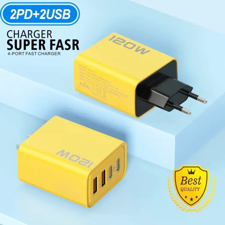KO-71 120W Dual PD Type-C + Dual QC3.0 USB Multi Ports Charger, Plug:US Plug(Yellow)