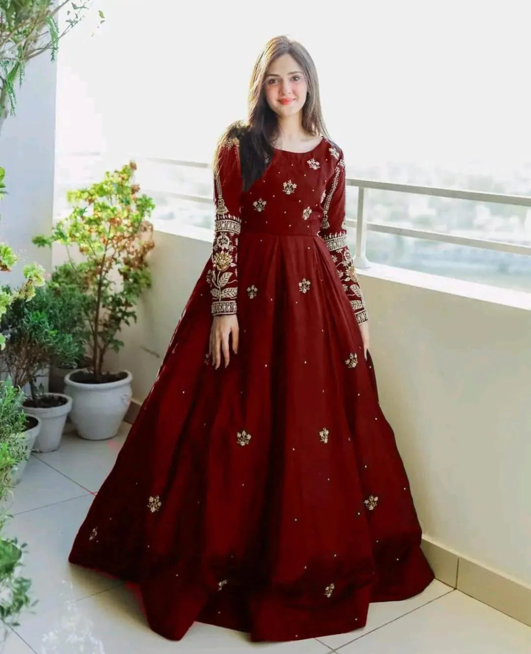 Maroon Chiffon Embroidered Maxi Set for Eid Weddings