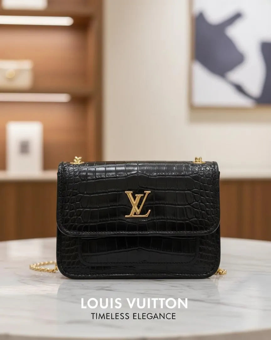 Louis Vuitton Black Croc Embossed Handbag with Gold Logo