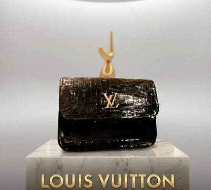 Louis Vuitton Black Croc Embossed Handbag with Gold Logo