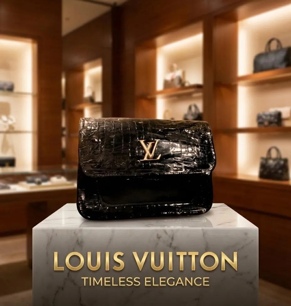 Louis Vuitton Black Croc Embossed Handbag with Gold Logo