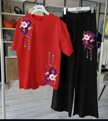 Women Red Floral Printed Night Suit 2 Pcs Medium to XL