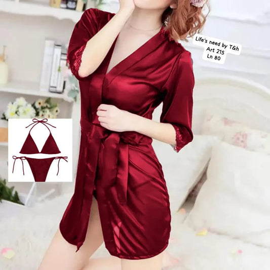 Maroon Silk Nightgown Set 3 Pcs V-Neck 31"