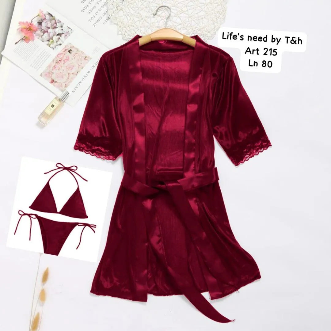 Maroon Silk Nightgown Set 3 Pcs V-Neck 31"