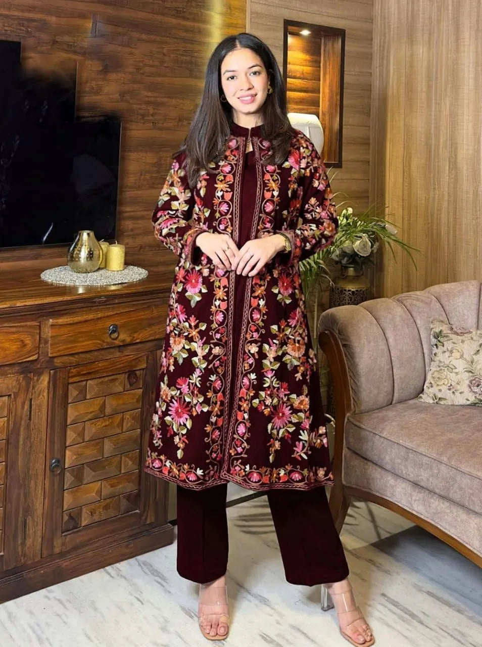 Maroon Embroidered Shamoz Silk Gown Set for Women
