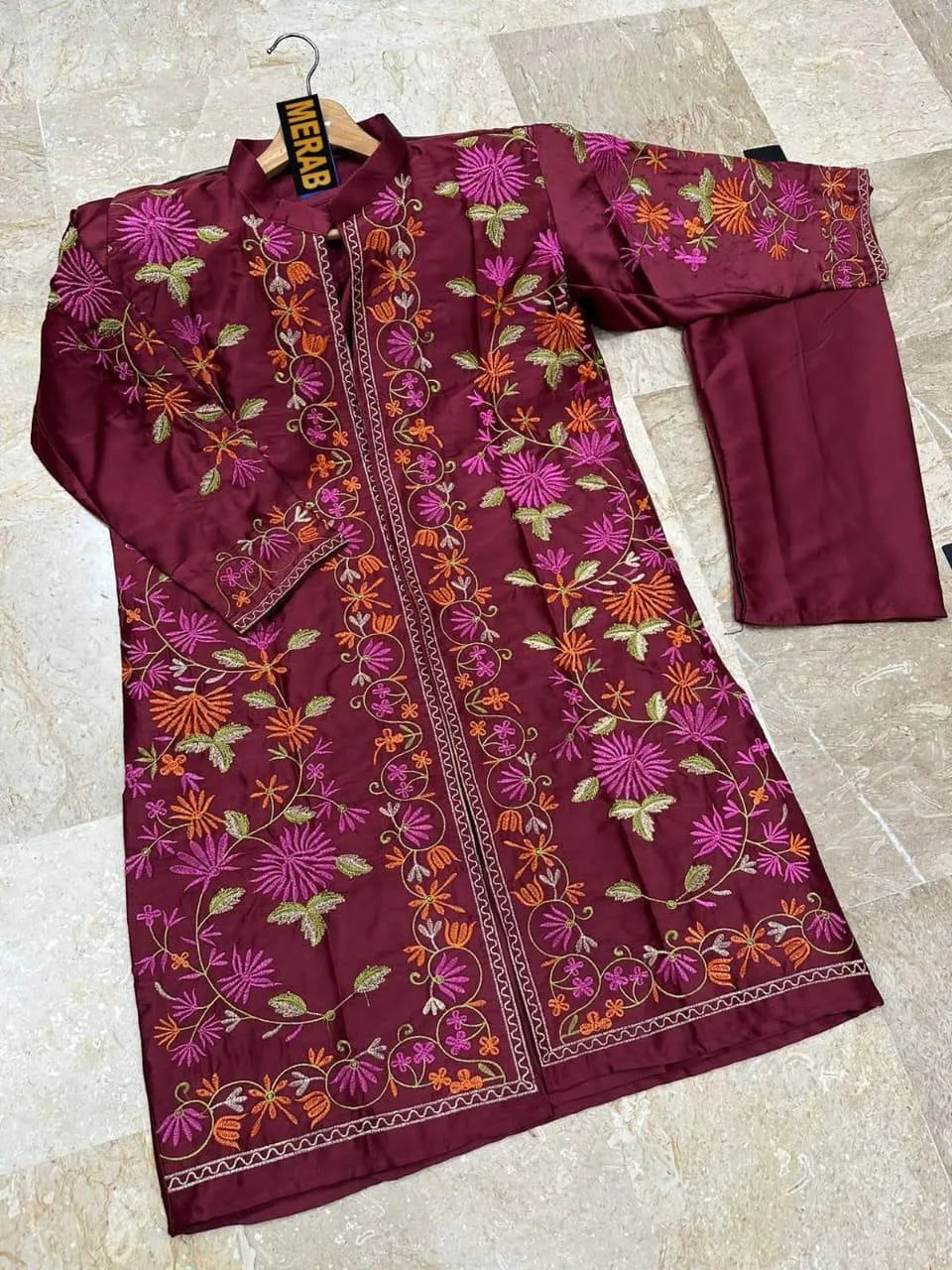 Maroon Embroidered Shamoz Silk Gown Set for Women
