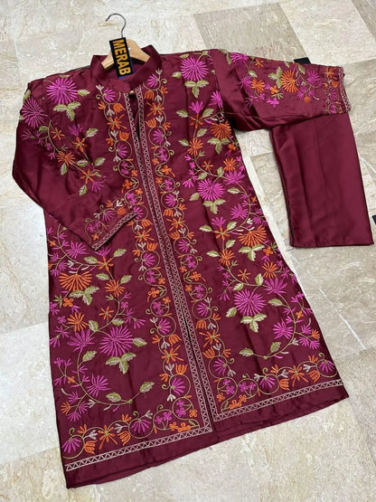 Maroon Embroidered Shamoz Silk Gown Set for Women
