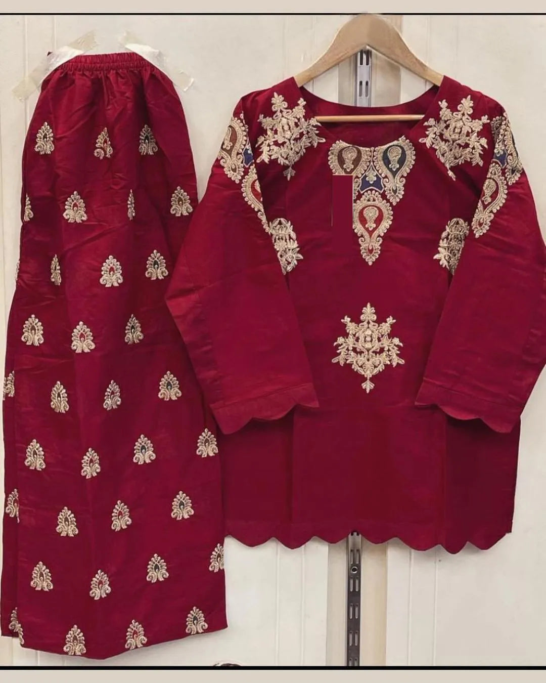 Cotton Embroidered Shirt & Flapper Set Maroon 2Pcs