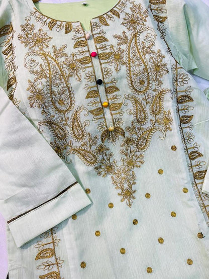 2 Pcs Women's Stitched Paper Cotton Embroidered Suit