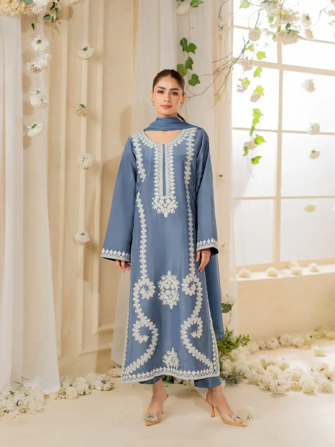 Stunning Embroidered Raw Silk Suit Set - 3 Pcs
