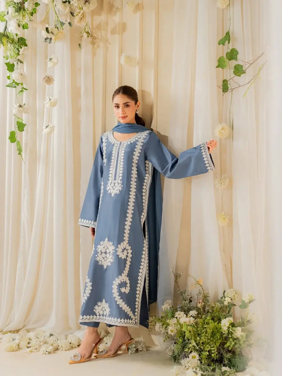 Stunning Embroidered Raw Silk Suit Set - 3 Pcs