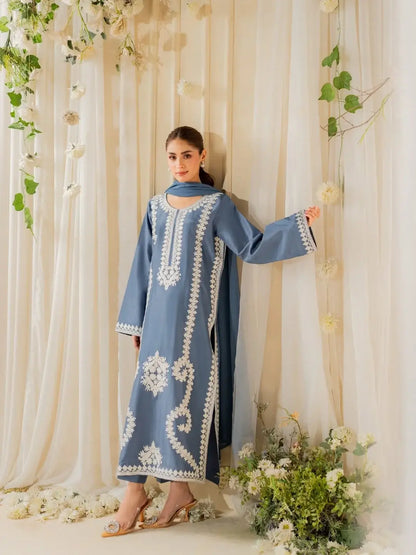 Stunning Embroidered Raw Silk Suit Set - 3 Pcs