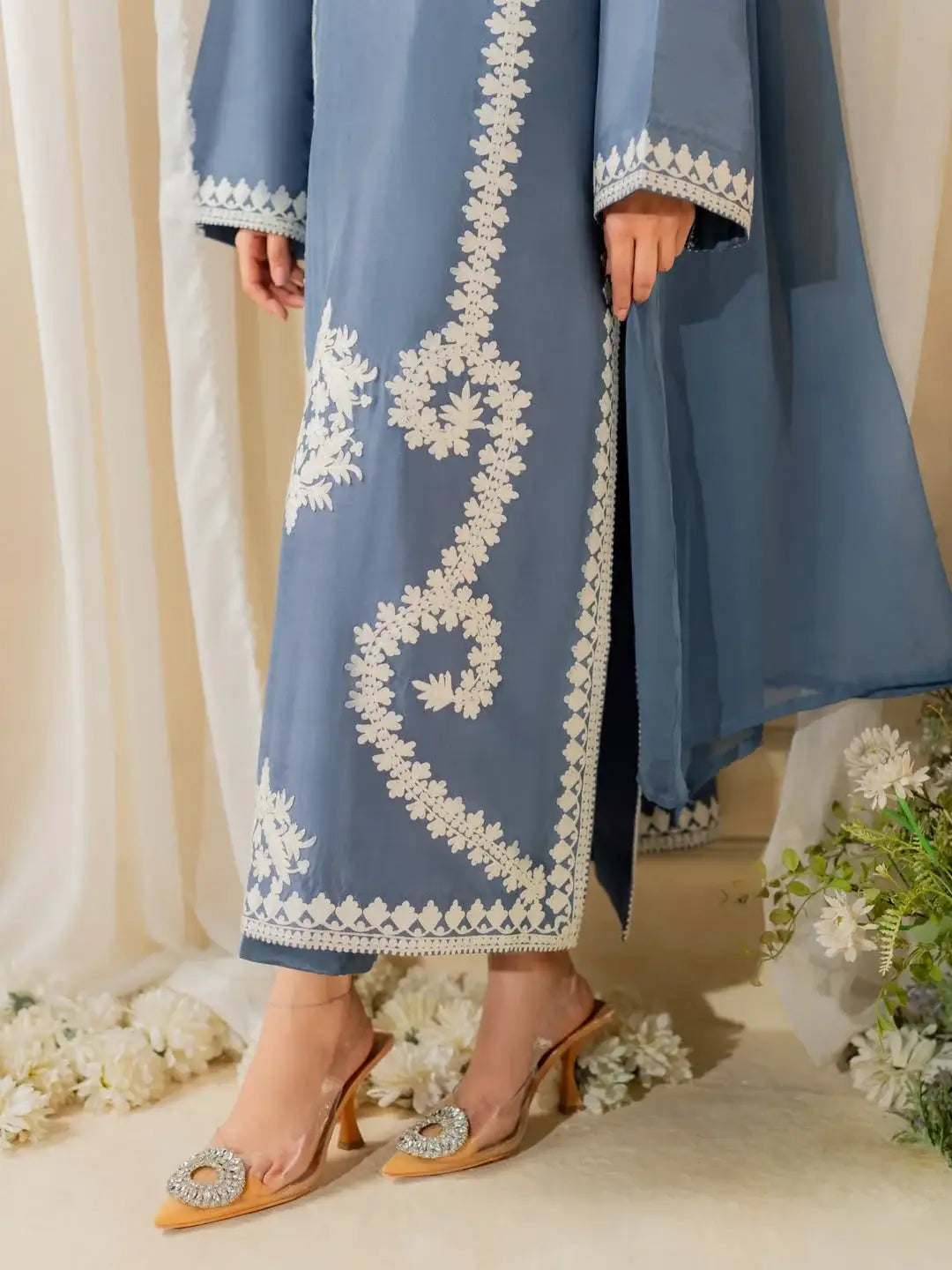 Stunning Embroidered Raw Silk Suit Set - 3 Pcs