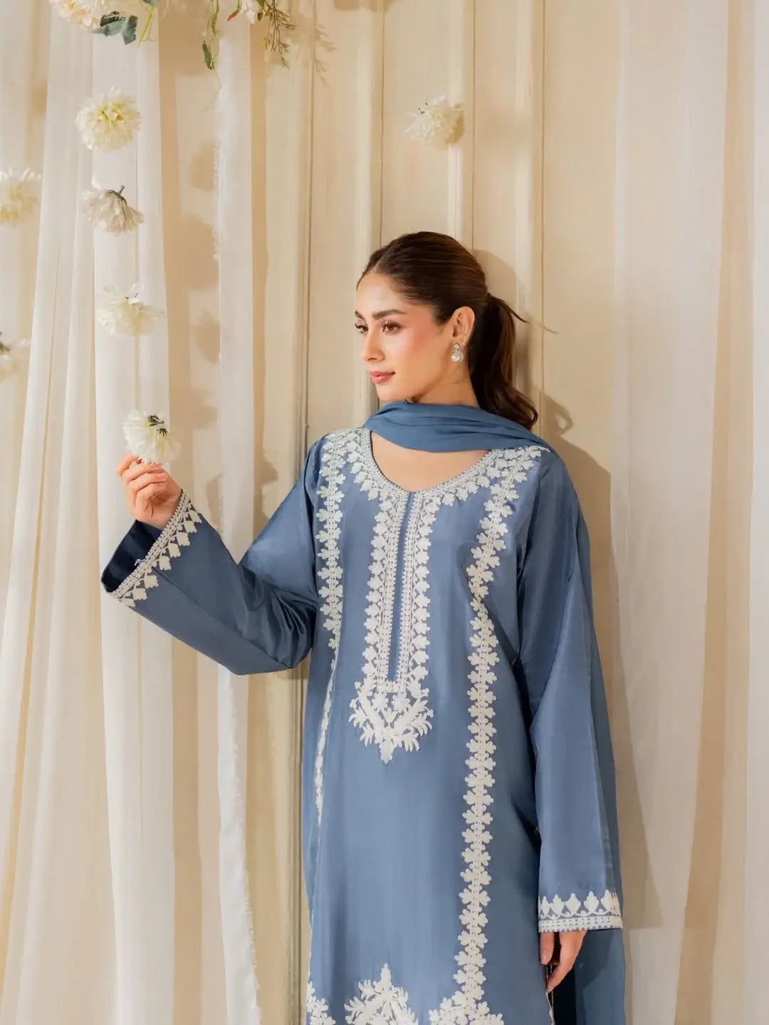 Stunning Embroidered Raw Silk Suit Set - 3 Pcs