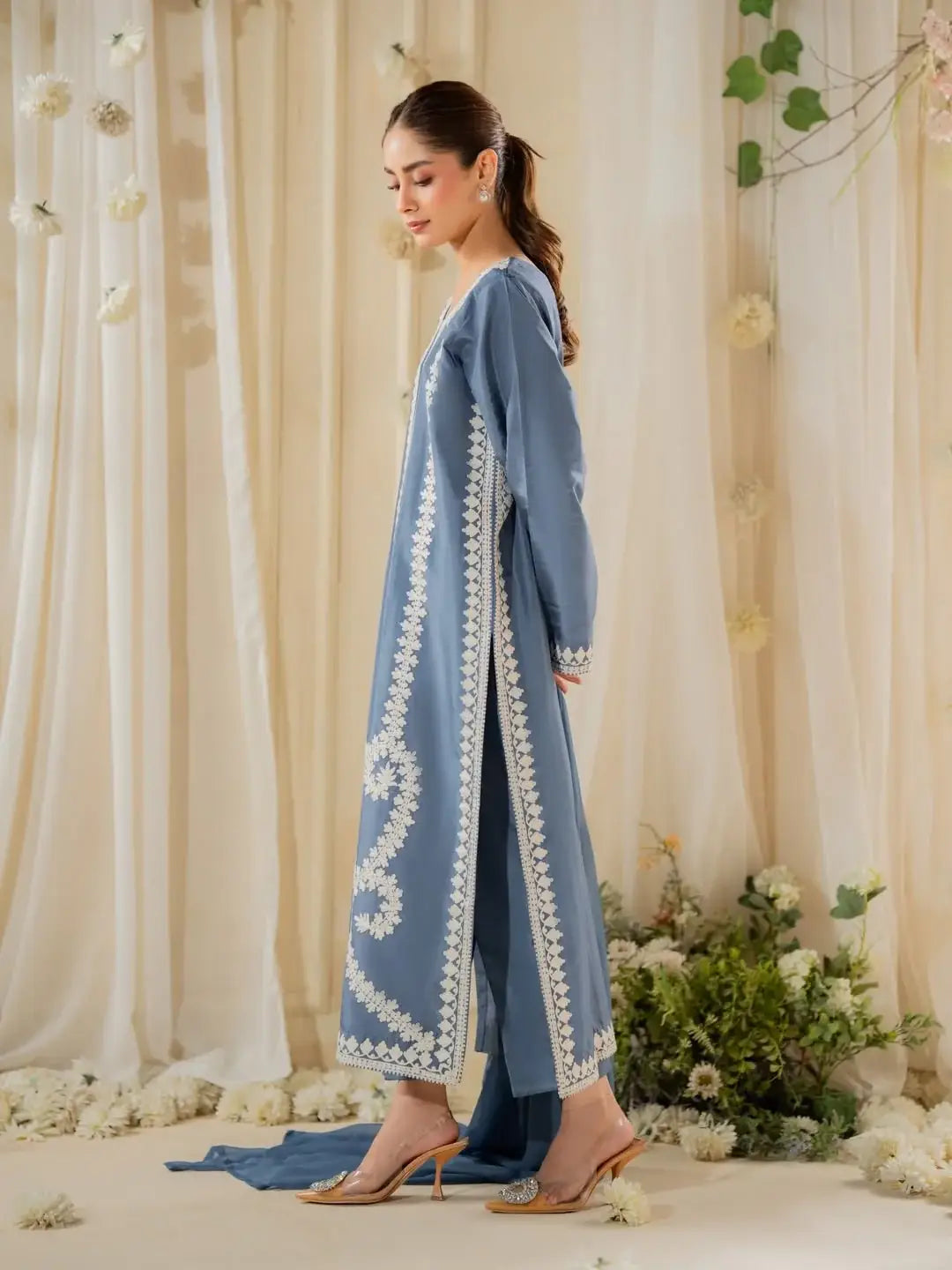 Stunning Embroidered Raw Silk Suit Set - 3 Pcs