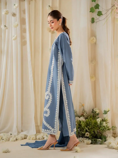 Stunning Embroidered Raw Silk Suit Set - 3 Pcs