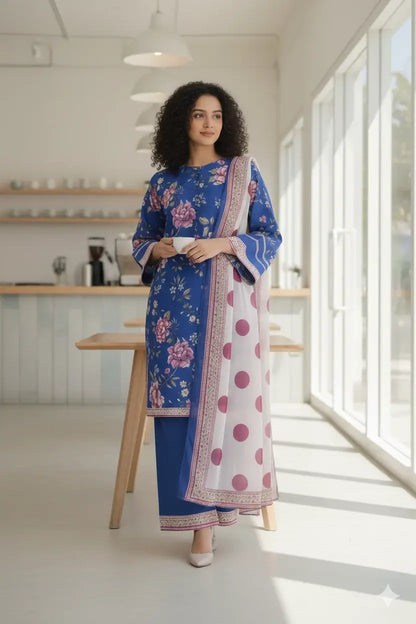 Stylish 3 Pcs Women's Stitched Suit in Blue Printed Lawn