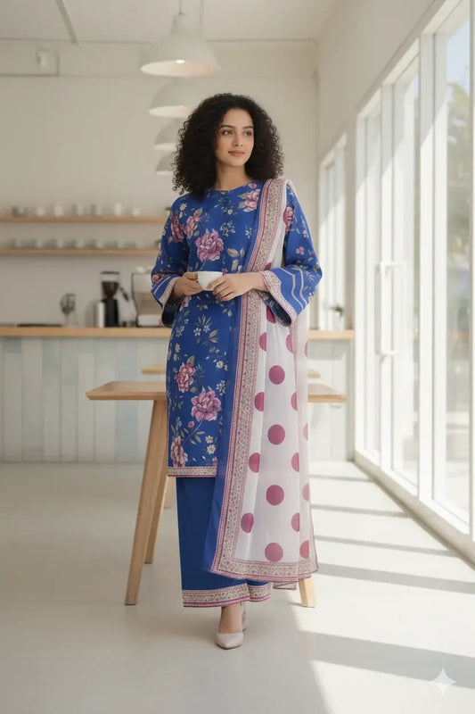 Stylish 3 Pcs Women's Stitched Suit in Blue Printed Lawn