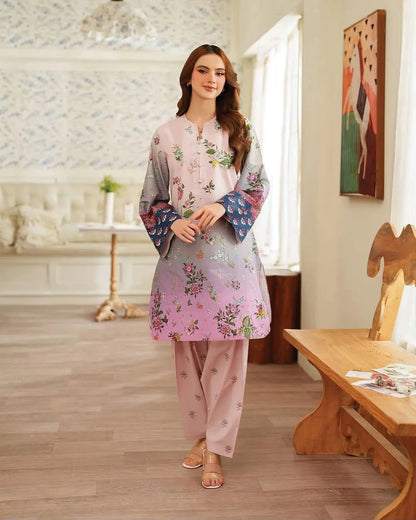 2 Pcs Women's Stitched Lawn Printed Shirt And Trouser