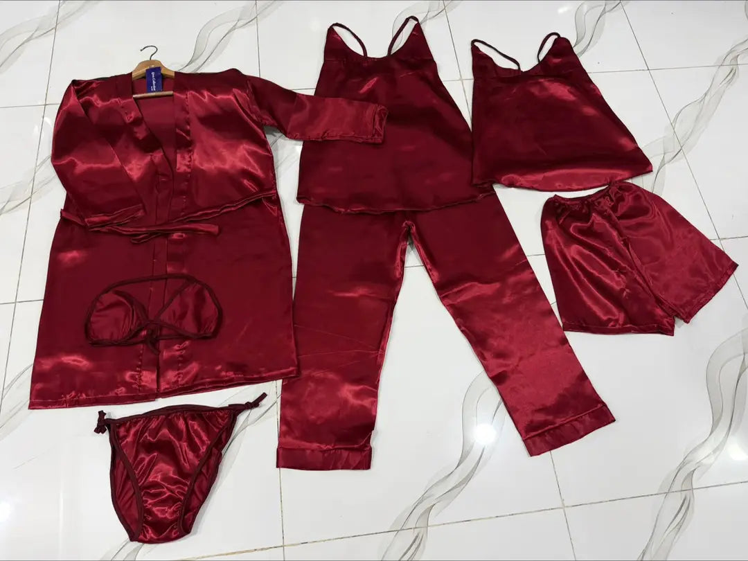 Imported China Silk 7 Pcs Nightwear Set for Women – Satin Silk Sleepwear, Gown, Inner, Shorts, Trouser & Bikini, Premium Soft Night Suit