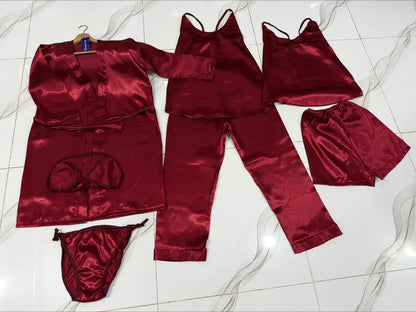 Imported China Silk 7 Pcs Nightwear Set for Women – Satin Silk Sleepwear, Gown, Inner, Shorts, Trouser & Bikini, Premium Soft Night Suit