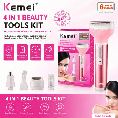 Kemei KM-6637 Rechargeable 4 in 1 Lady Shaver & Personal Grooming Kit | Eyebrow, Nose & Body Hair Trimmer | USB Rechargeable