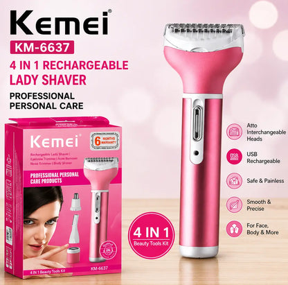 Kemei KM-6637 Rechargeable 4 in 1 Lady Shaver & Personal Grooming Kit | Eyebrow, Nose & Body Hair Trimmer | USB Rechargeable