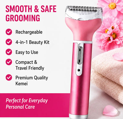 Kemei KM-6637 Rechargeable 4 in 1 Lady Shaver & Personal Grooming Kit | Eyebrow, Nose & Body Hair Trimmer | USB Rechargeable