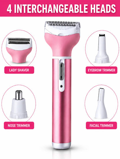 Kemei KM-6637 Rechargeable 4 in 1 Lady Shaver & Personal Grooming Kit | Eyebrow, Nose & Body Hair Trimmer | USB Rechargeable