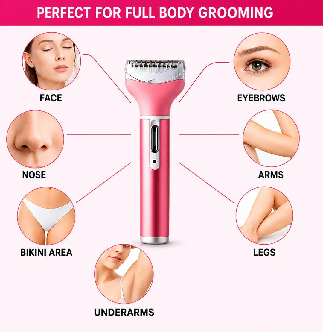 Kemei KM-6637 Rechargeable 4 in 1 Lady Shaver & Personal Grooming Kit | Eyebrow, Nose & Body Hair Trimmer | USB Rechargeable