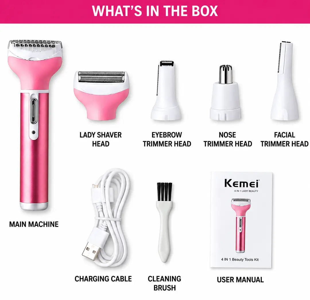 Kemei KM-6637 Rechargeable 4 in 1 Lady Shaver & Personal Grooming Kit | Eyebrow, Nose & Body Hair Trimmer | USB Rechargeable
