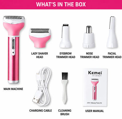 Kemei KM-6637 Rechargeable 4 in 1 Lady Shaver & Personal Grooming Kit | Eyebrow, Nose & Body Hair Trimmer | USB Rechargeable