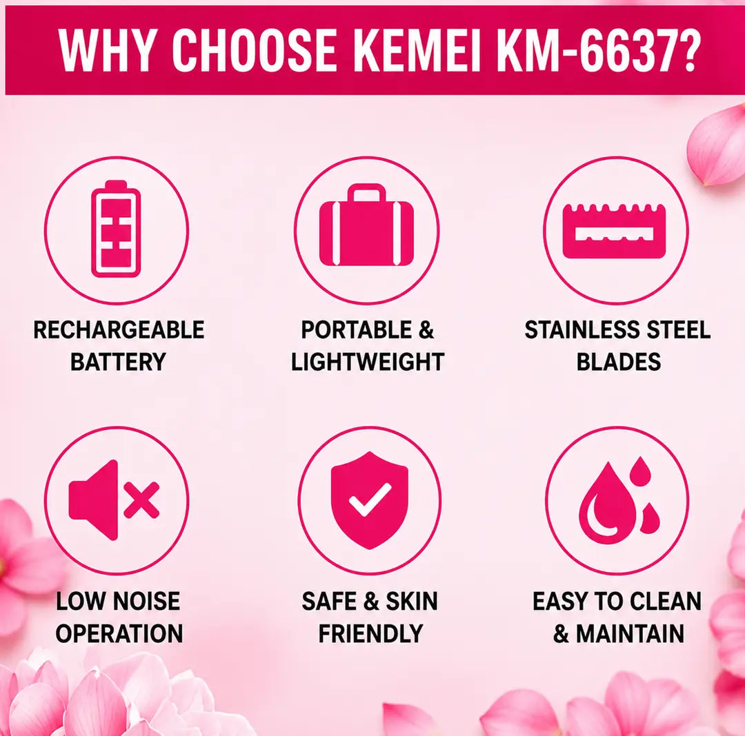 Kemei KM-6637 Rechargeable 4 in 1 Lady Shaver & Personal Grooming Kit | Eyebrow, Nose & Body Hair Trimmer | USB Rechargeable