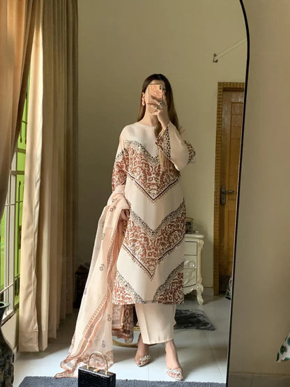 Pakistani Embroidered Kurta Set Cream Floral Long Sleeve