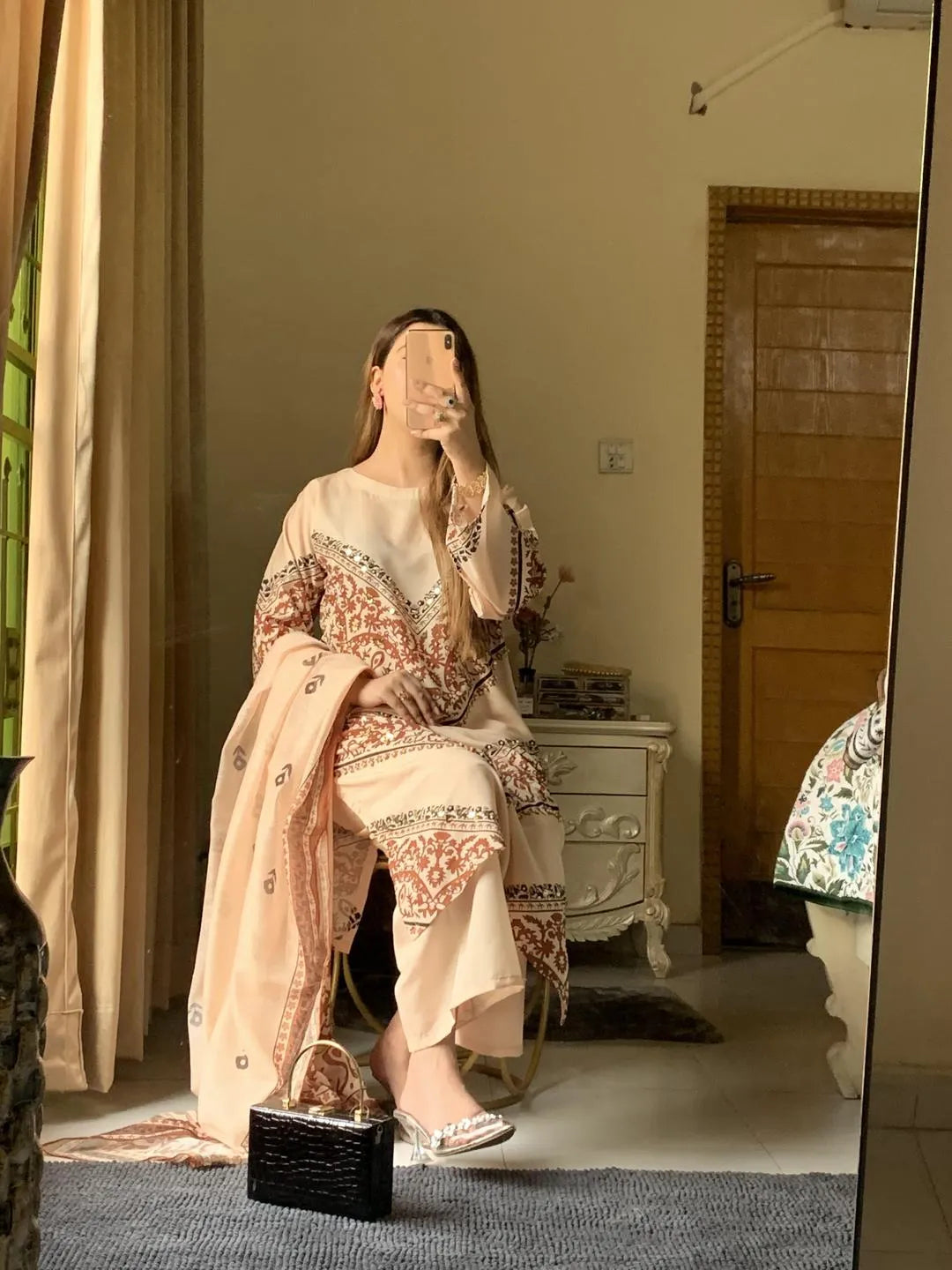 Pakistani Embroidered Kurta Set Cream Floral Long Sleeve