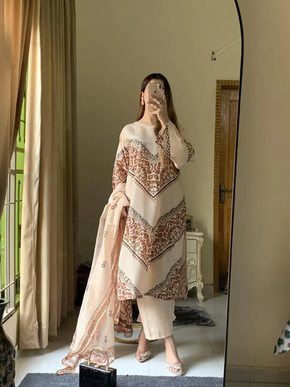 Pakistani Embroidered Kurta Set Cream Floral Long Sleeve