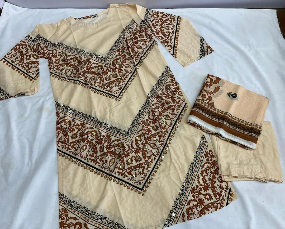 Pakistani Embroidered Kurta Set Cream Floral Long Sleeve