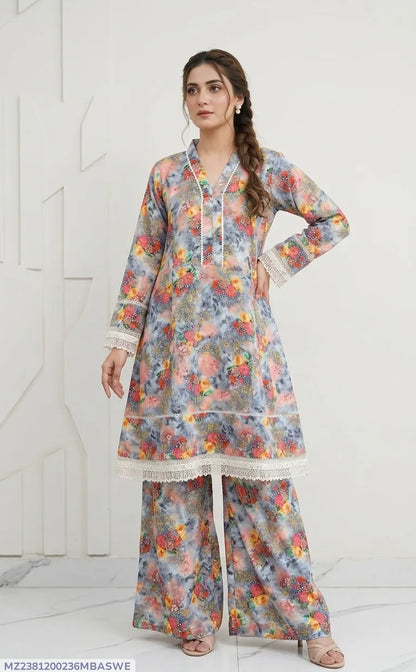 2Pcs Women's Stitched Lawn Digital Print Frock And Trouser with Milky Lace (Hajra)