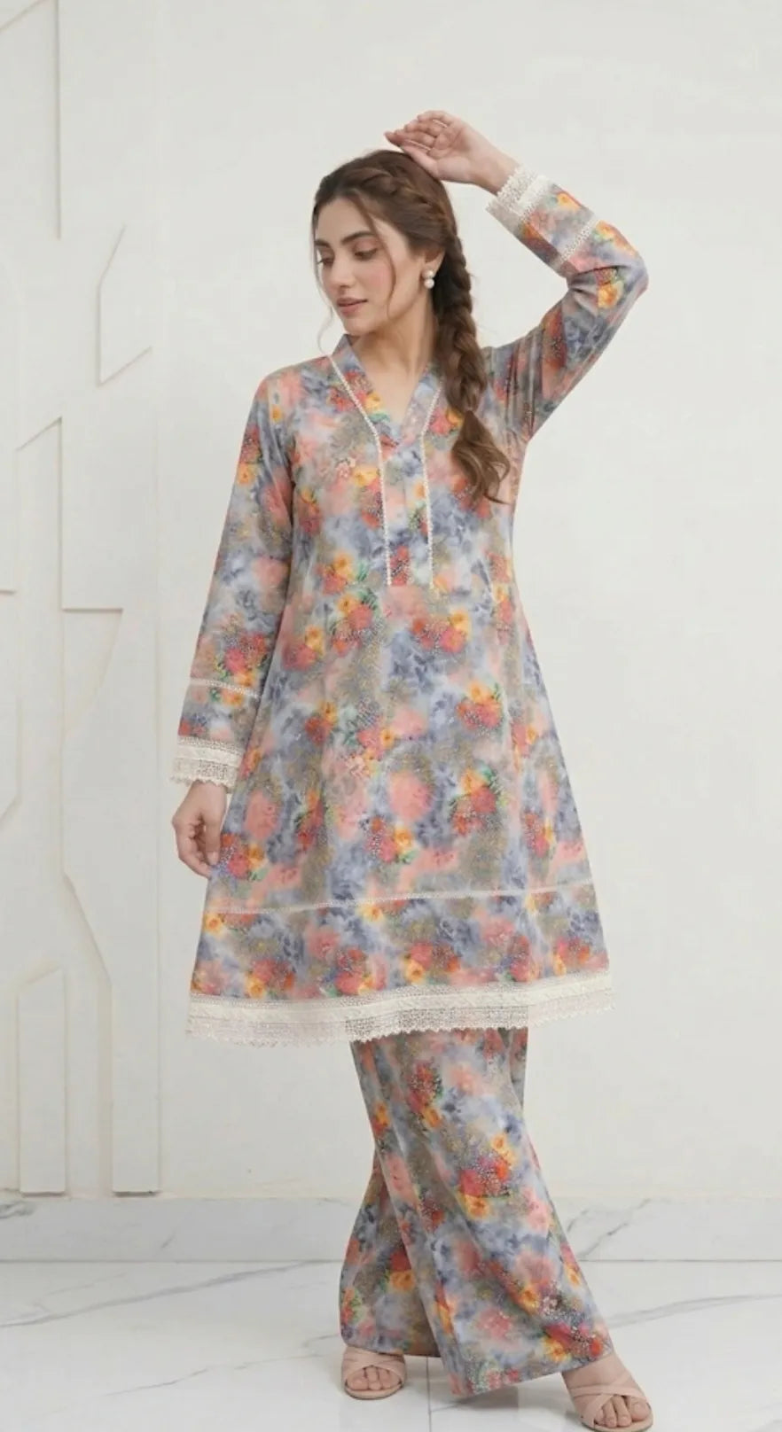 2Pcs Women's Stitched Lawn Digital Print Frock And Trouser with Milky Lace (Hajra)