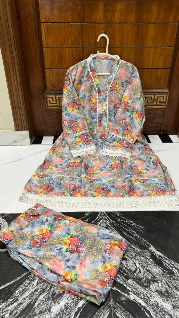 2Pcs Women's Stitched Lawn Digital Print Frock And Trouser with Milky Lace (Hajra)