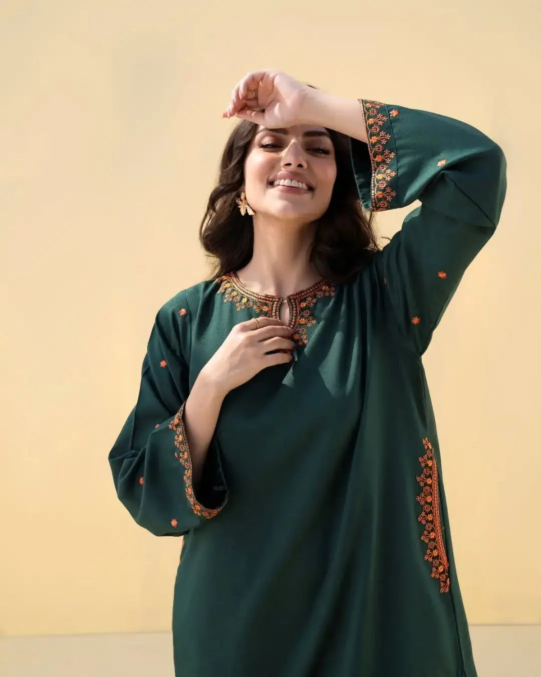 2 Pcs Women's Stitched Cotton Lawn green pocket style Embroidered Shirt And Trouser
